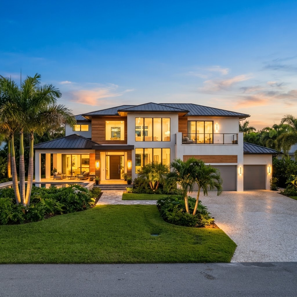 Florida home with hurricane impact windows at sunset