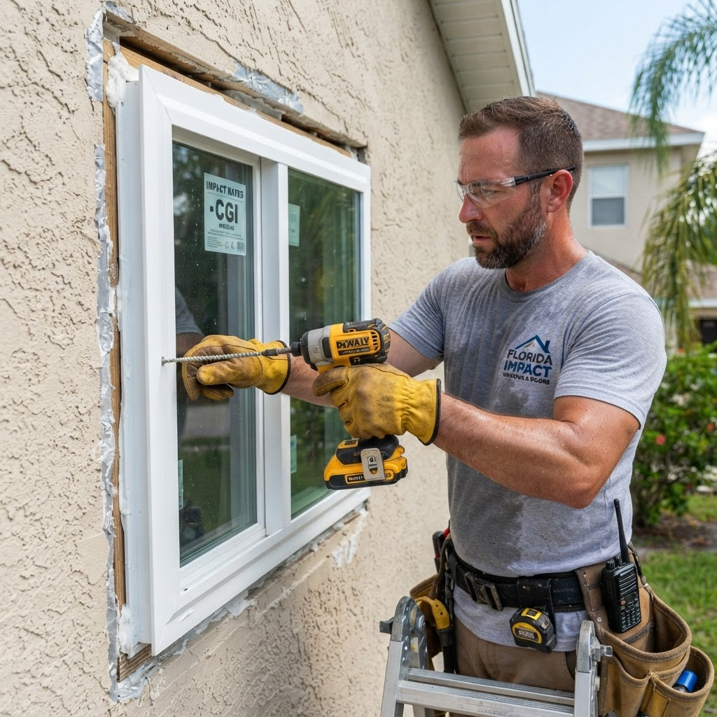 Installer fitting a hurricane impact window